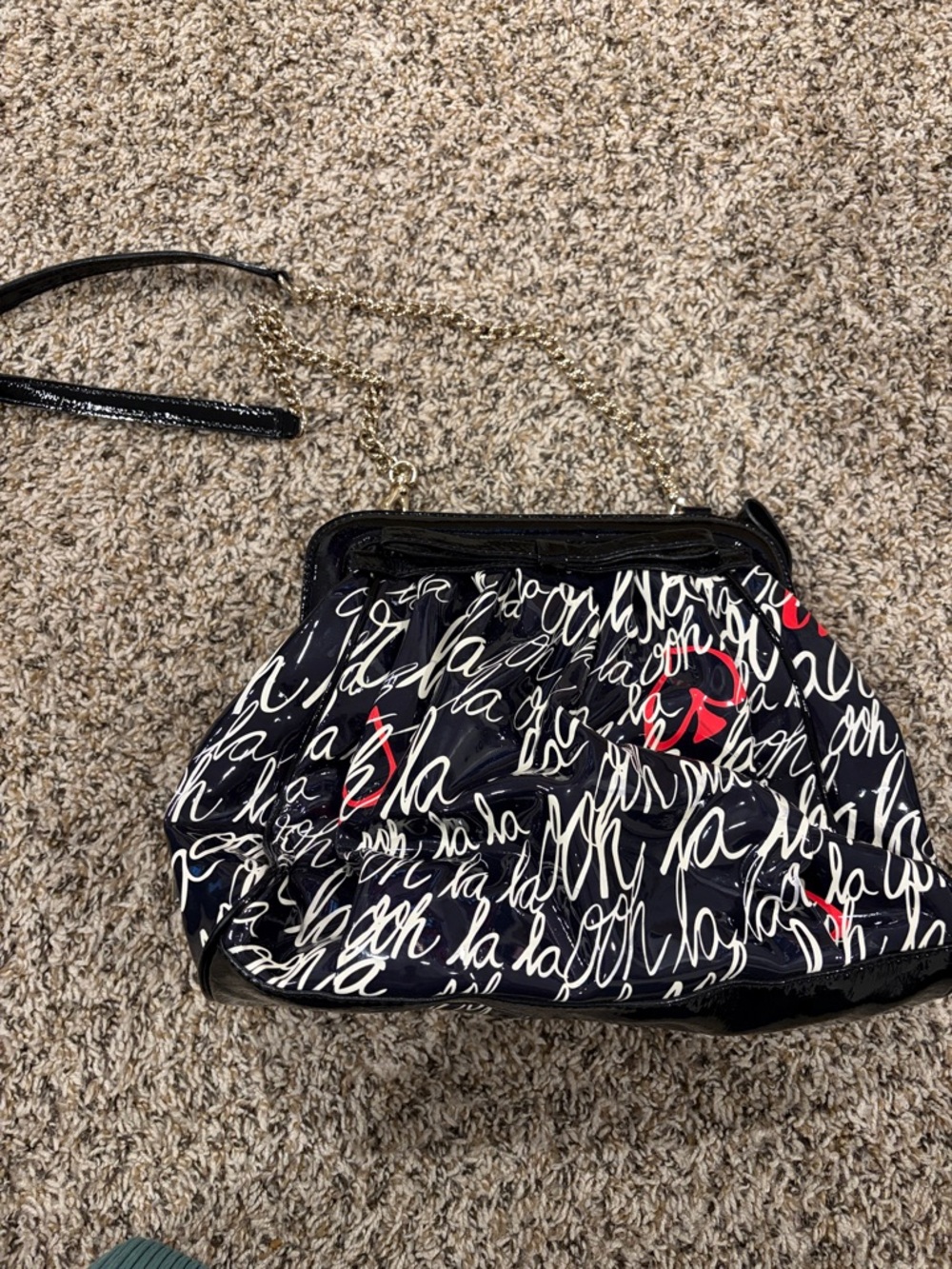 kate spade Black Script Patent Crossbody with Red Accents
